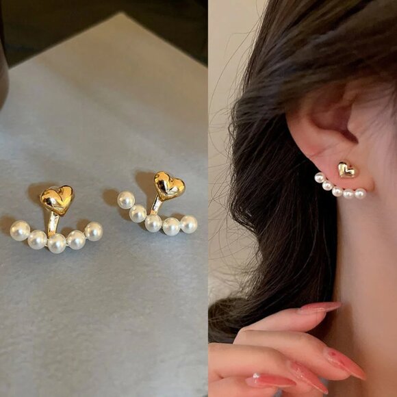 Gold and Beige Color Elegant Charms Enamel Heart Pearl Stud Earring - Picture 2 of 11